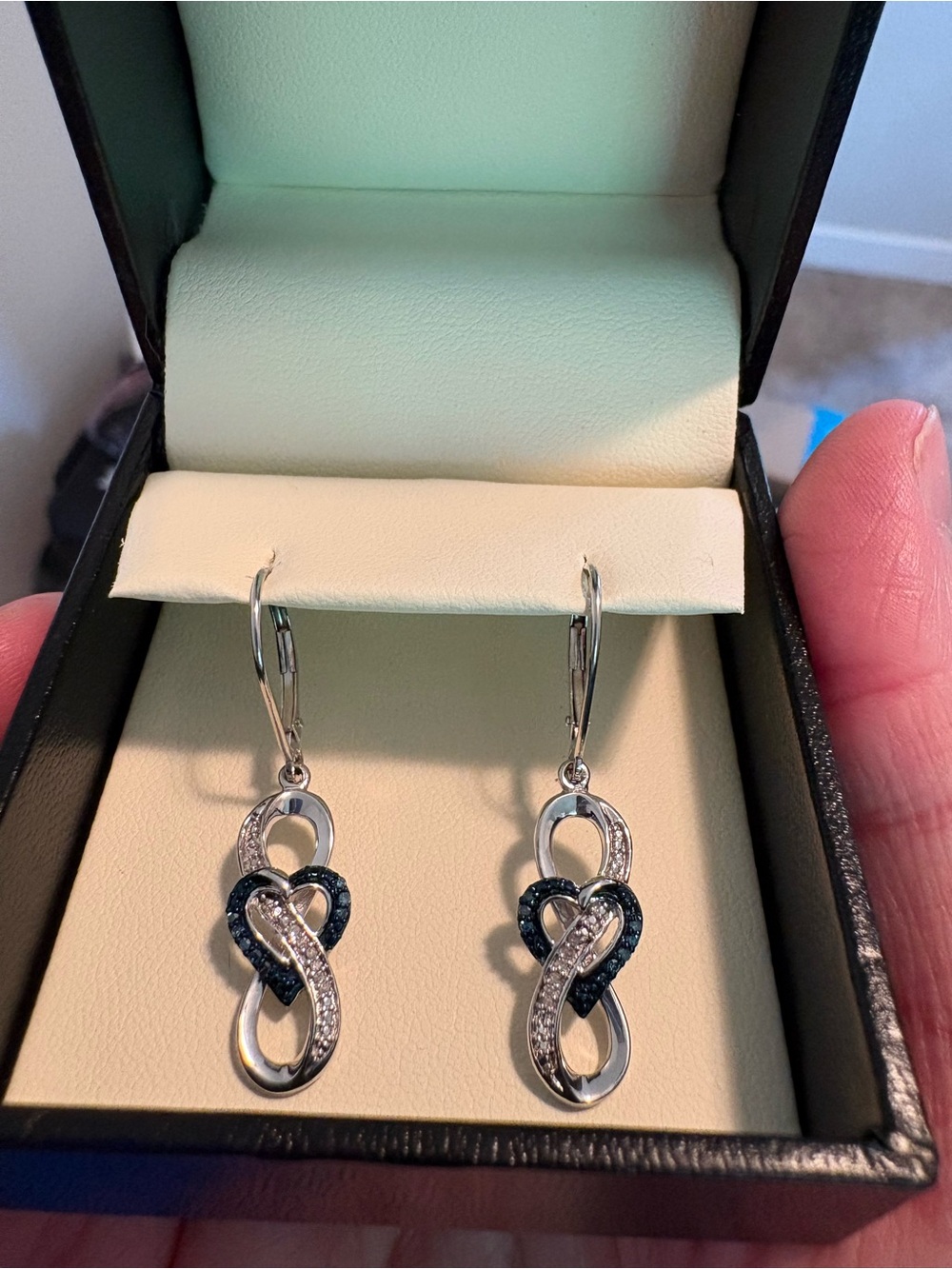 Silver Infinity Drop Earrings with Black Accents by
